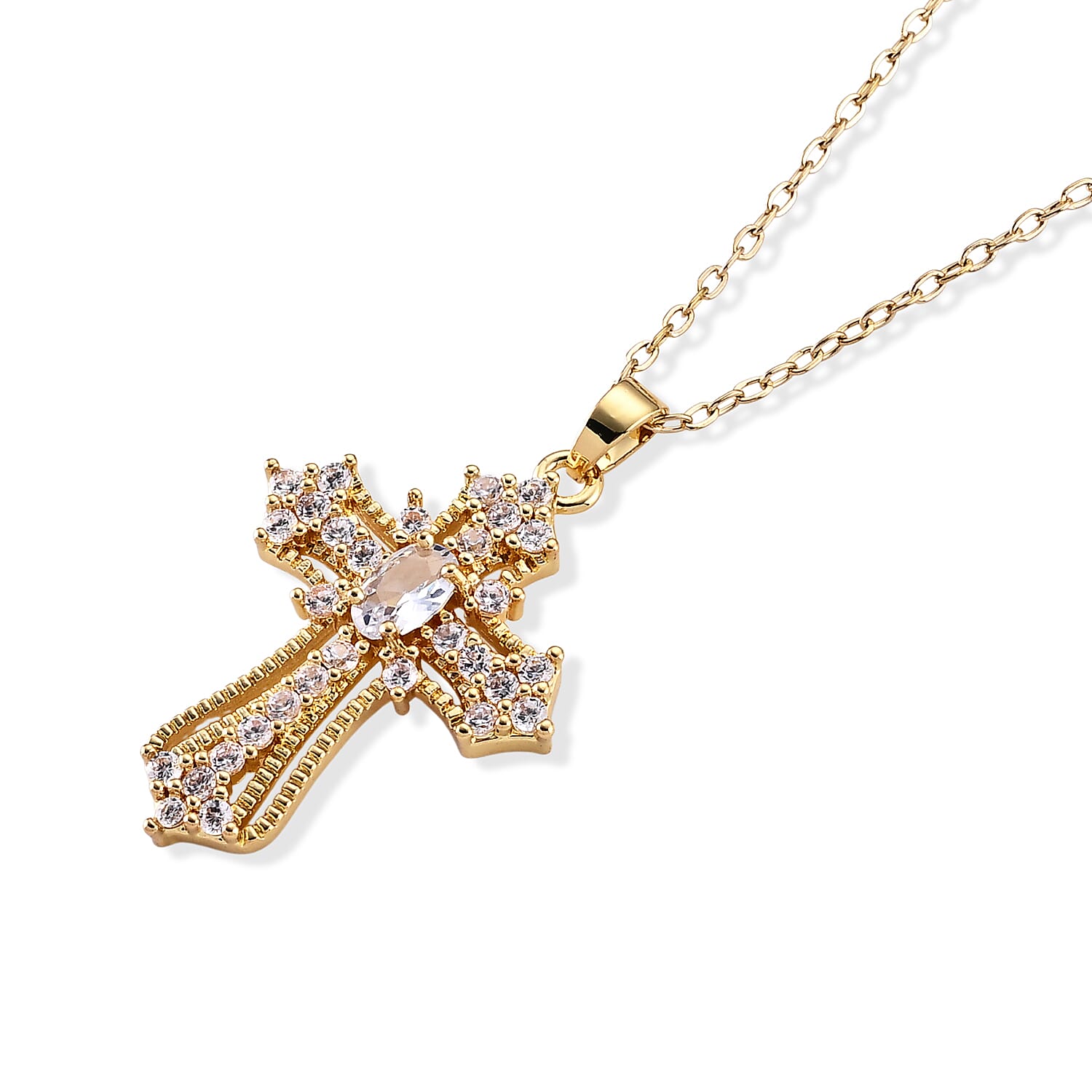 Simulated Diamond Pendant in Goldtone with ION Plated YG Stainless Steel Necklace 16-18 Inches