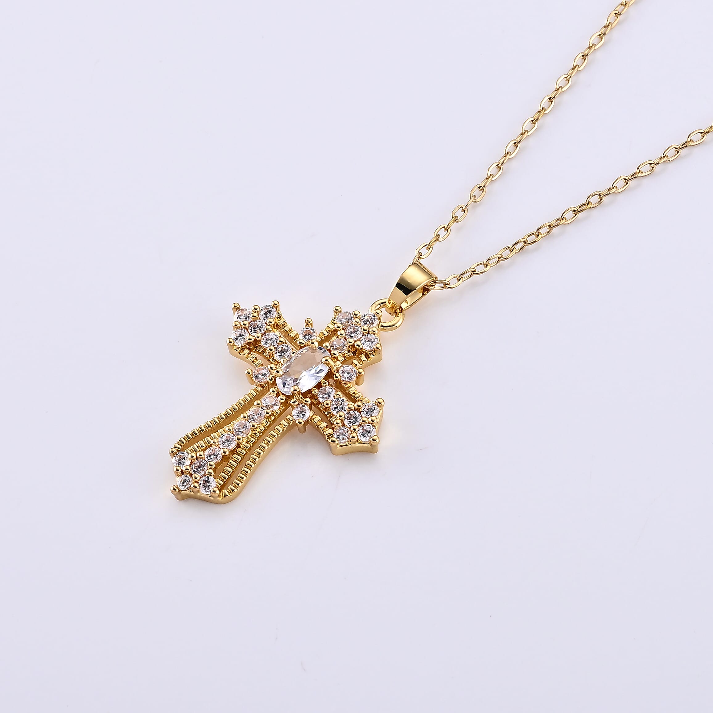 Simulated Diamond Pendant in Goldtone with ION Plated YG Stainless Steel Necklace 16-18 Inches