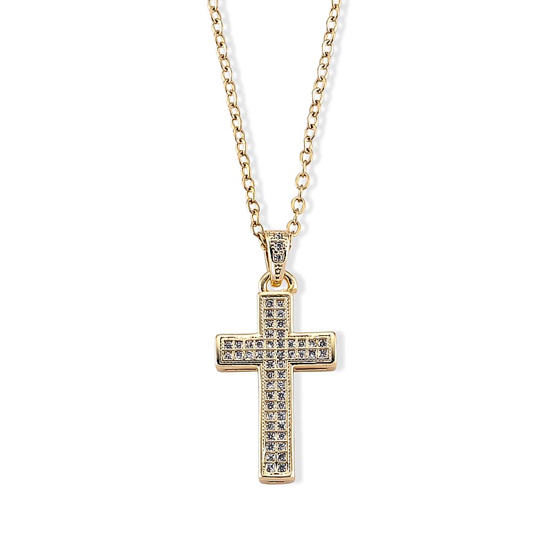 Simulated Diamond Pendant in Goldtone with ION Plated YG Stainless Steel Necklace 16-18 Inches