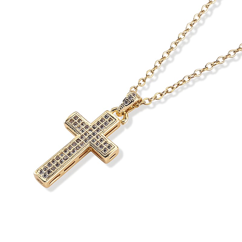 Simulated Diamond Pendant in Goldtone with ION Plated YG Stainless Steel Necklace 16-18 Inches