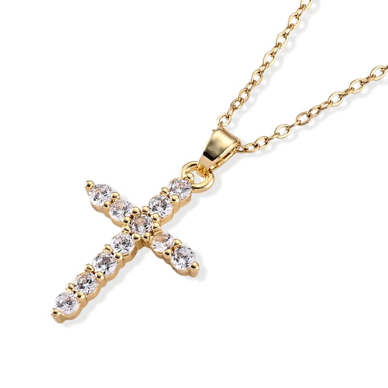 Simulated Diamond Pendant in Goldtone with ION Plated YG Stainless Steel Necklace 16-18 Inches