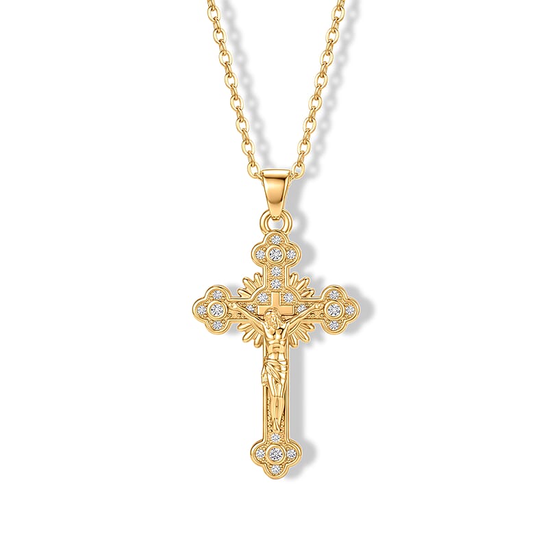 Simulated Diamond Pendant in Goldtone with ION Plated YG Stainless Steel Necklace 16-18 Inches