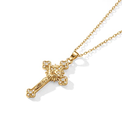 Simulated Diamond Pendant in Goldtone with ION Plated YG Stainless Steel Necklace 16-18 Inches