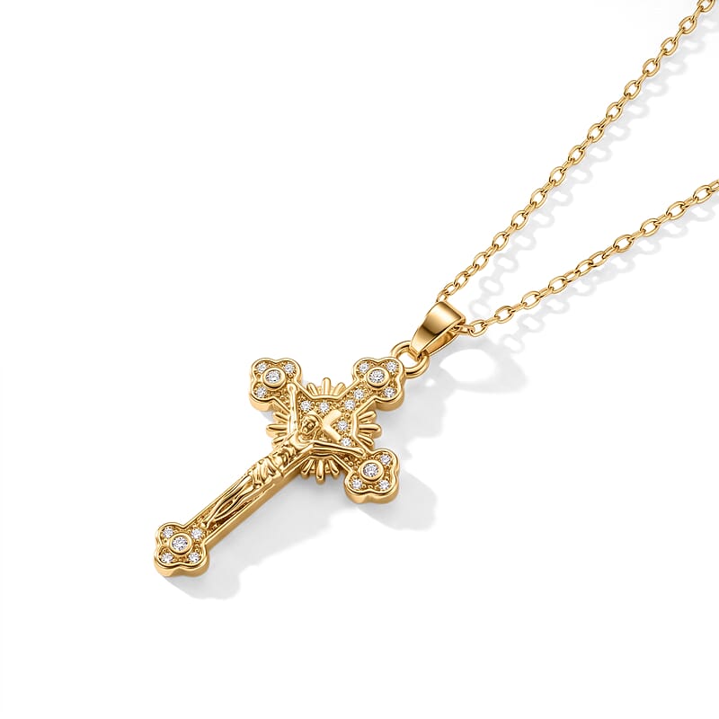 Simulated Diamond Pendant in Goldtone with ION Plated YG Stainless Steel Necklace 16-18 Inches