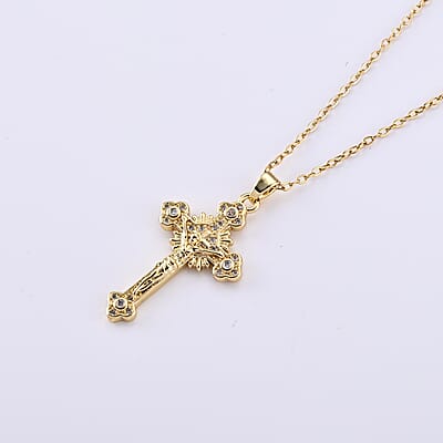 Simulated Diamond Pendant in Goldtone with ION Plated YG Stainless Steel Necklace 16-18 Inches