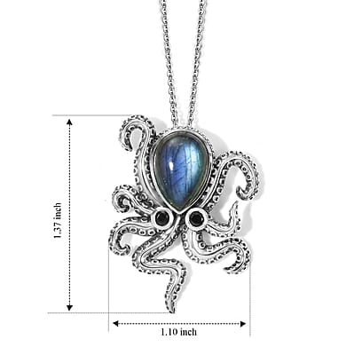 GP Trionfo Collection AAA Malagasy Labradorite and Thai Black Spinel 6.00 ctw Octopus Pendant Necklace (20 Inches) in Sterling Silver