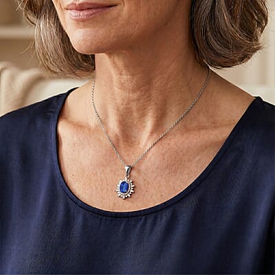 D'Joy Premium Kanchanaburi Blue Sapphire (D) and Moissanite 1.20 ctw Pendant Necklace in Rhodium Over Sterling Silver 20 Inches