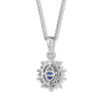 D'Joy Premium Kanchanaburi Blue Sapphire (D) and Moissanite 1.20 ctw Pendant Necklace in Rhodium Over Sterling Silver 20 Inches