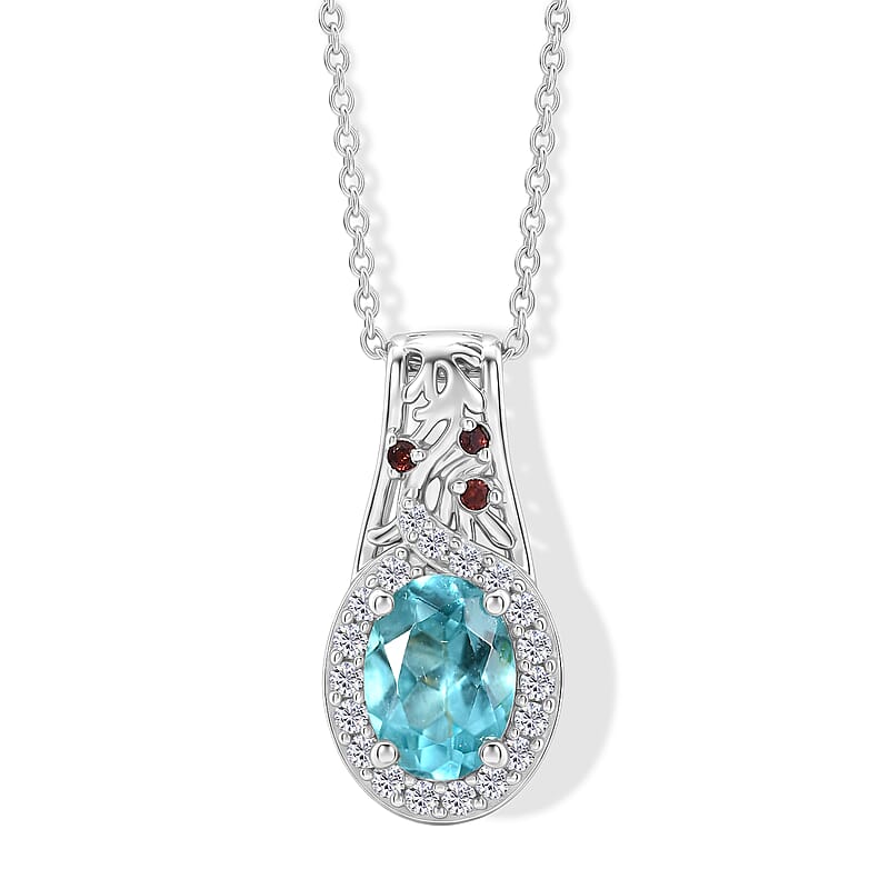 D'Joy Premium Betroka Blue Apatite and Multi Gemstone 1.25 ctw Ocean Flora Pendant Necklace (20 Inches) in Rhodium Over Sterling Silver