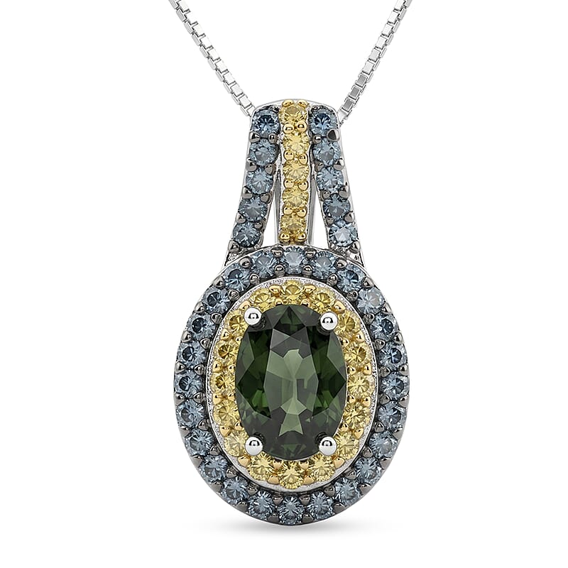 D'Joy Premium Milanoa Green and Yellow Sapphire 1.85 ctw Majesty Halo Pendant Necklace (20 Inches) in Rhodium Over Sterling Silver