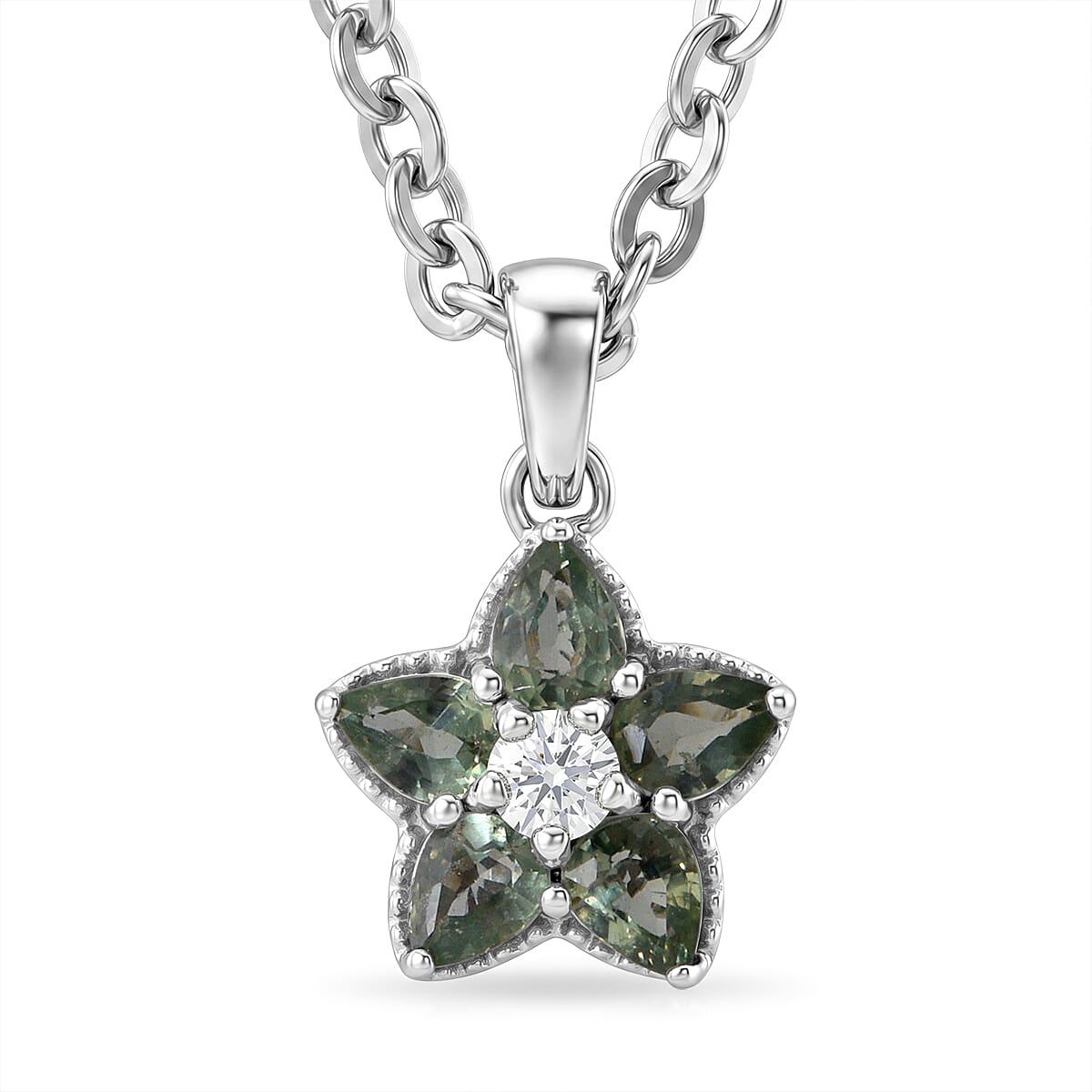 D'Joy Premium Milanoa Green Sapphire 1.10 ctw Star Pendant Necklace (20 Inches) in Rhodium Over Sterling Silver