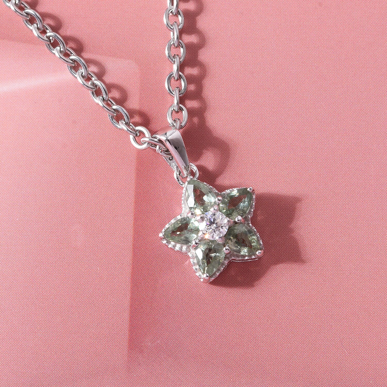 D'Joy Premium Milanoa Green Sapphire 1.10 ctw Star Pendant Necklace (20 Inches) in Rhodium Over Sterling Silver