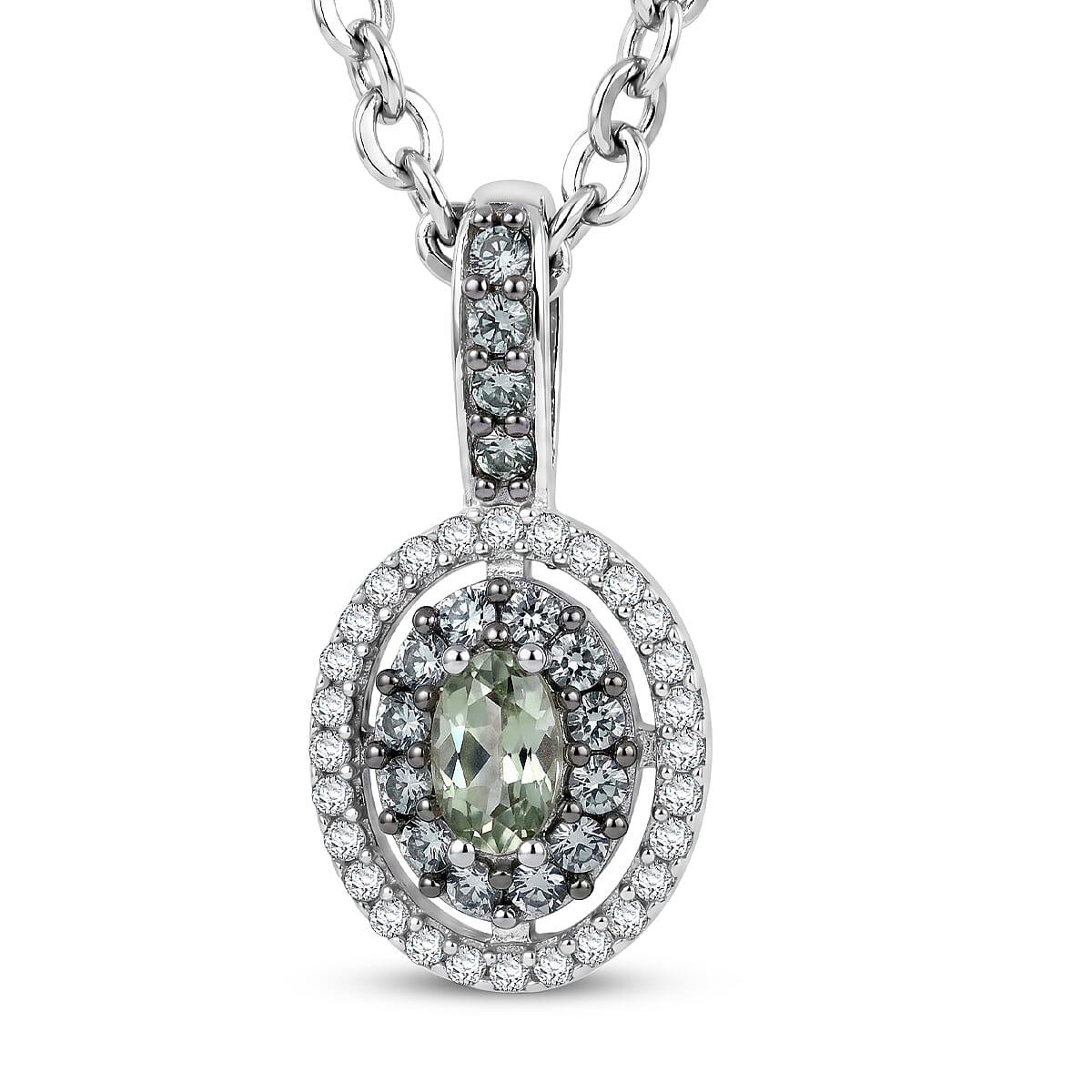 D'Joy Premium Milanoa Green Sapphire and White Zircon 0.75 ctw Royal Circle Halo Pendant Necklace in Rhodium Over Sterling Silver (20 Inches)