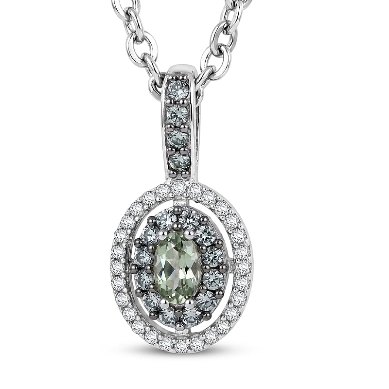D'Joy Premium Milanoa Green Sapphire and White Zircon 0.75 ctw Royal Circle Halo Pendant Necklace in Rhodium Over Sterling Silver (20 Inches)
