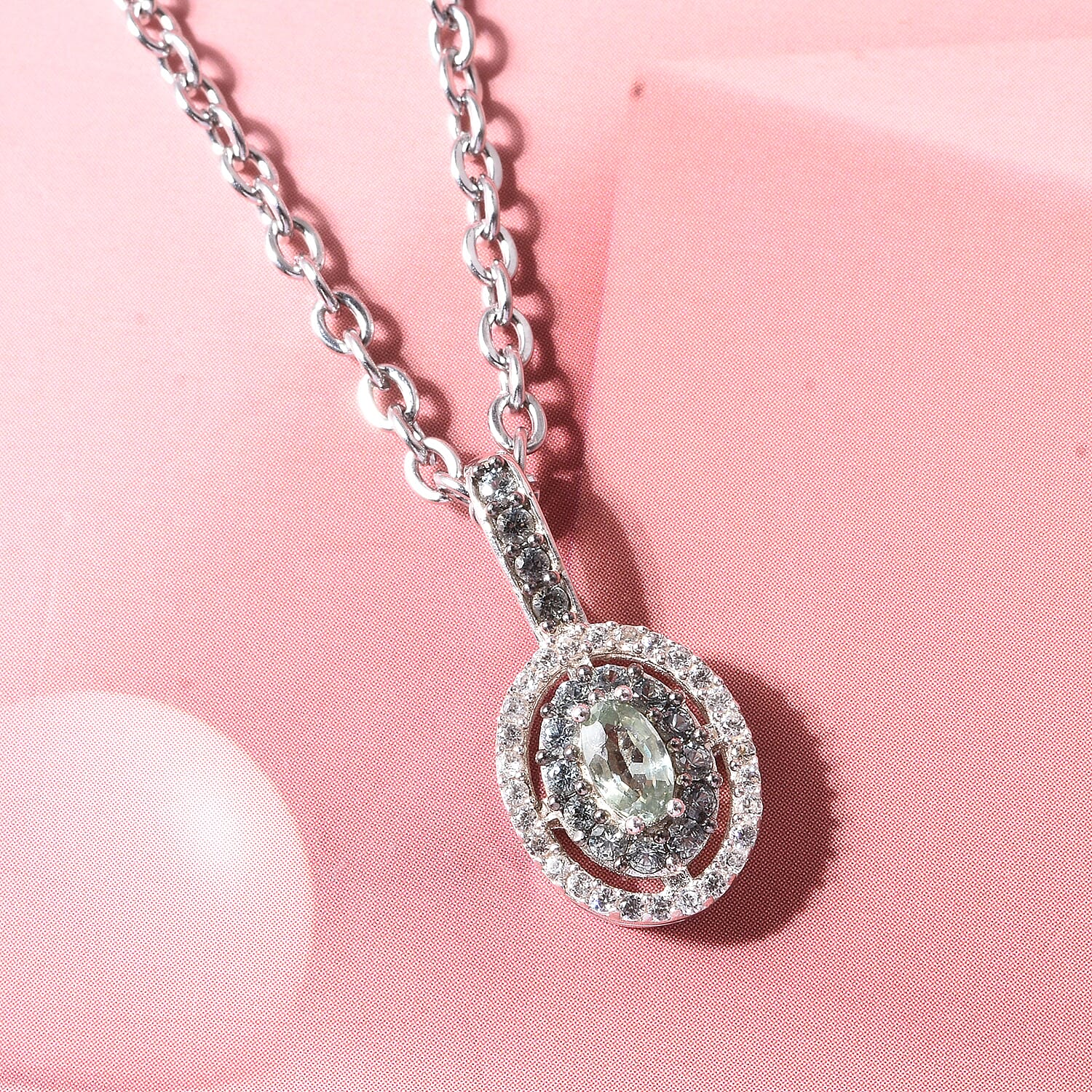 D'Joy Premium Milanoa Green Sapphire and White Zircon 0.75 ctw Royal Circle Halo Pendant Necklace in Rhodium Over Sterling Silver (20 Inches)
