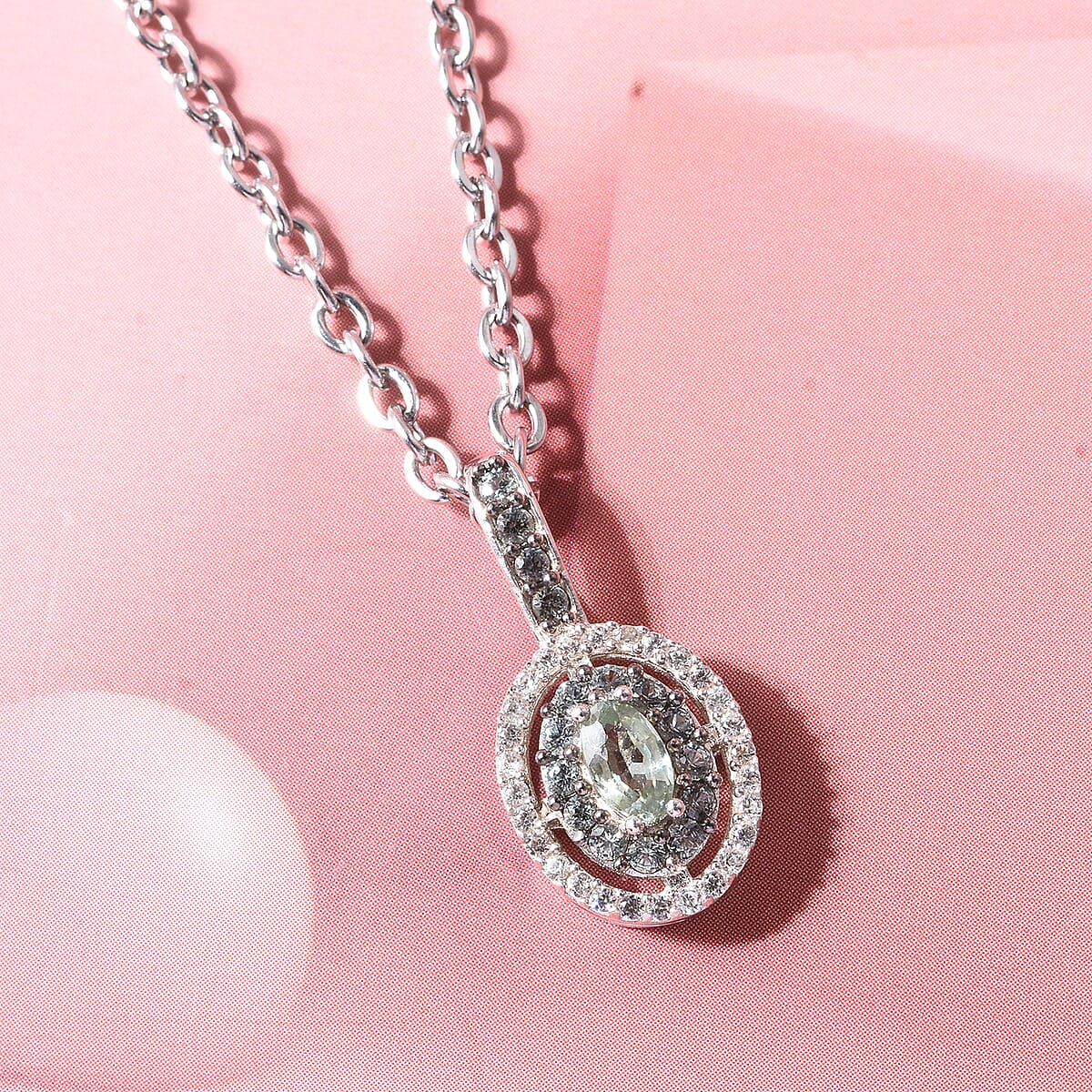 D'Joy Premium Malawi Green Sapphire and White Zircon 1.00 ctw Royal Circle Halo Pendant Necklace in Rhodium Over Sterling Silver (20 Inches) image number 1