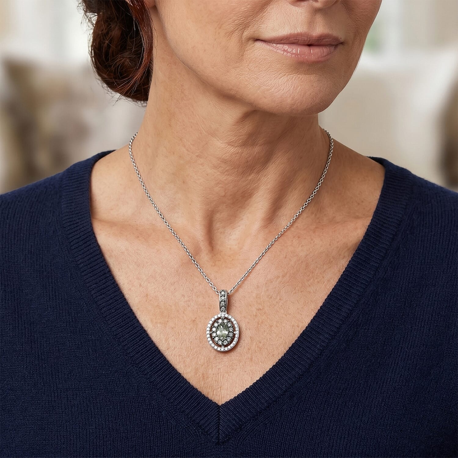 D'Joy Premium Milanoa Green Sapphire and White Zircon 0.75 ctw Royal Circle Halo Pendant Necklace in Rhodium Over Sterling Silver (20 Inches)