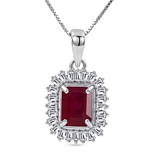 D'Joy Niassa Ruby (FF) and Moissanite 3.10 ctw Imperial Frame Pendant Necklace in Rhodium Over Sterling Silver 18 Inches