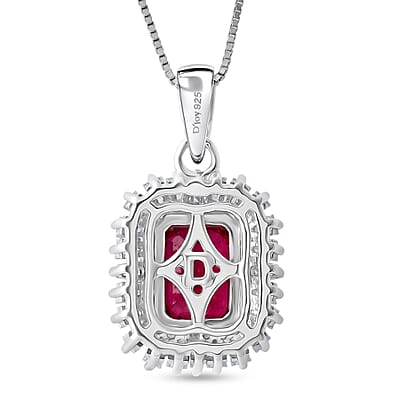 D'Joy Niassa Ruby (FF) and Moissanite 3.10 ctw Imperial Frame Pendant Necklace in Rhodium Over Sterling Silver 18 Inches
