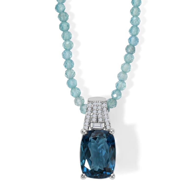 D'Joy London Blue Topaz and Moissanite Ocean Citadel Pendant with Apatite Beaded Necklace 20 Inches in Rhodium Over Sterling Silver 40.60 ctw