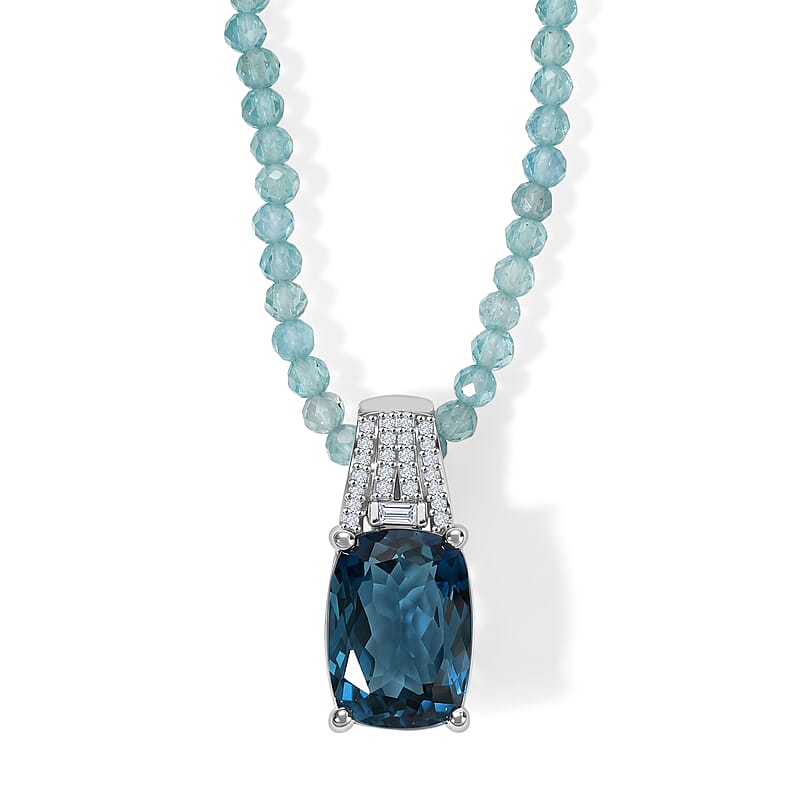 D'Joy London Blue Topaz and Moissanite Ocean Citadel Pendant with Apatite Beaded Necklace 20 Inches in Rhodium Over Sterling Silver 40.60 ctw
