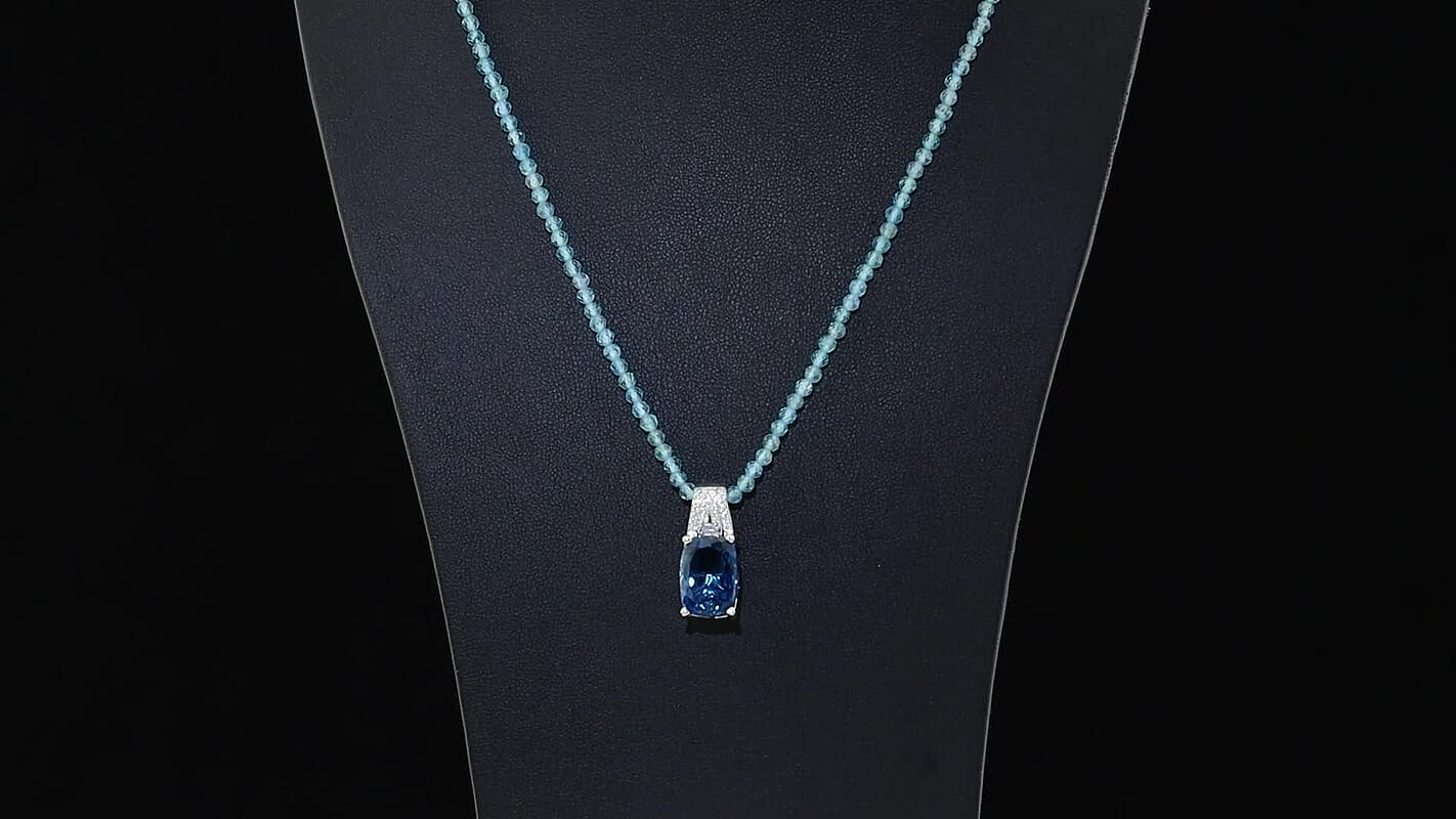 D'Joy London Blue Topaz, Moissanite Ocean Citadel Pendant with Apatite Beaded Necklace (20 Inches) in Rhodium Over Sterling Silver 40.60 ctw...