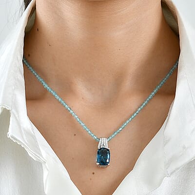 D'Joy London Blue Topaz and Moissanite Ocean Citadel Pendant with Apatite Beaded Necklace 20 Inches in Rhodium Over Sterling Silver 40.60 ctw