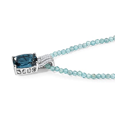 D'Joy London Blue Topaz and Moissanite Ocean Citadel Pendant with Apatite Beaded Necklace 20 Inches in Rhodium Over Sterling Silver 40.60 ctw