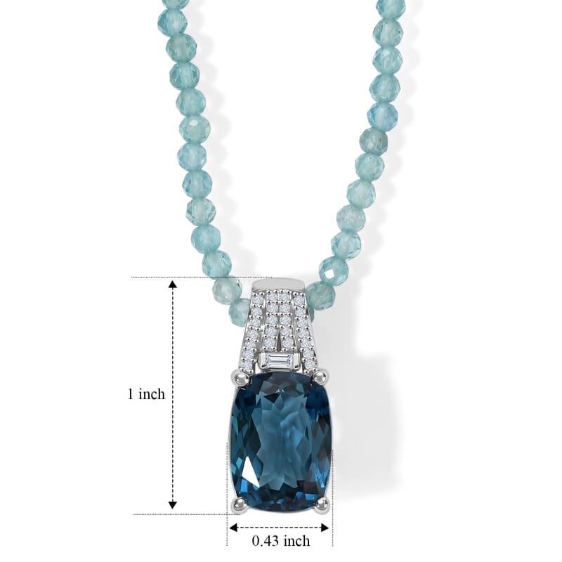 D'Joy London Blue Topaz and Moissanite Ocean Citadel Pendant with Apatite Beaded Necklace 20 Inches in Rhodium Over Sterling Silver 40.60 ctw