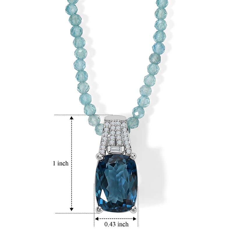 D'Joy London Blue Topaz and Moissanite Ocean Citadel Pendant with Apatite Beaded Necklace 20 Inches in Rhodium Over Sterling Silver 40.60 ctw