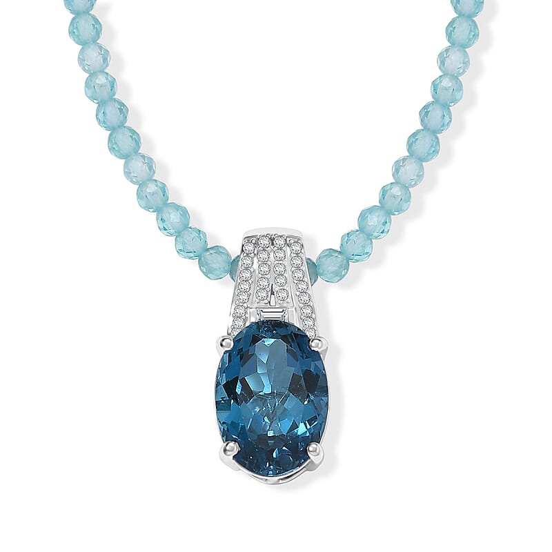 D'Joy London Blue Topaz and Moissanite 39.20 ctw Ocean Citadel Pendant with Apatite Beaded Necklace (20 Inches) in Rhodium Over Sterling Silver