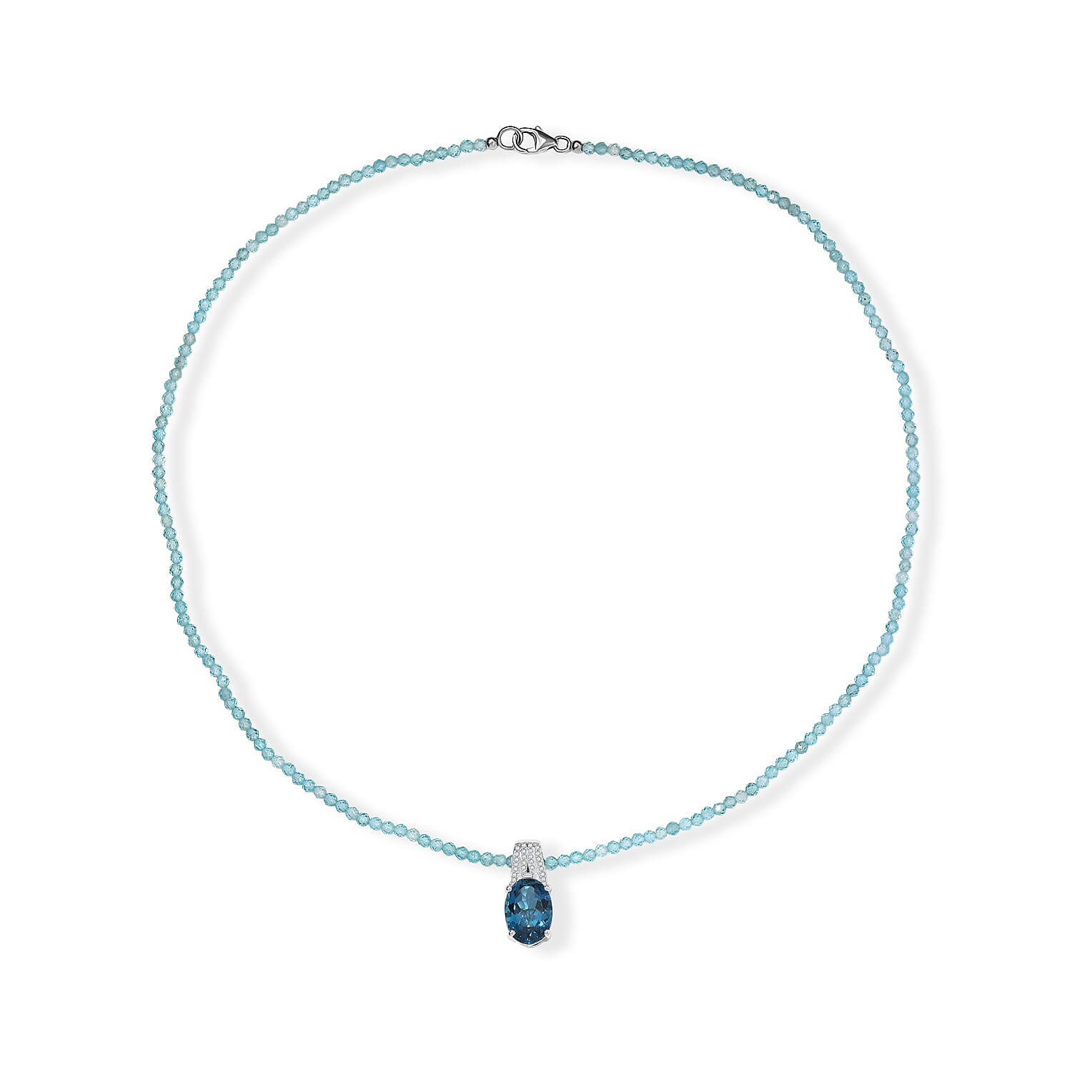D'Joy London Blue Topaz and Moissanite 39.20 ctw Pendant with Apatite Beaded Necklace (20 Inches) in Rhodium Over Sterling Silver