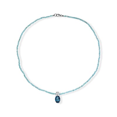 D'Joy London Blue Topaz and Moissanite 39.20 ctw Ocean Citadel Pendant with Apatite Beaded Necklace (20 Inches) in Rhodium Over Sterling Silver