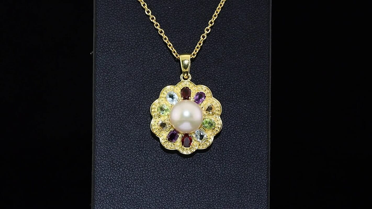EverTrue Pink Freshwater Pearl 9-10mm, Multi Gemstone Lustre Bloom Pendant in Platinum Bond with ION Plated YG Stainless Steel (20 Inches) 1.85 ctw