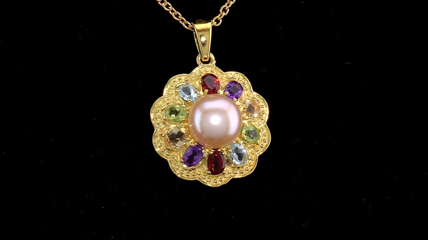 EverTrue Pink Freshwater Pearl 9-10mm, Multi Gemstone Lustre Bloom Pendant in Platinum Bond with ION Plated YG Stainless Steel (20 Inches) 1.85 ctw