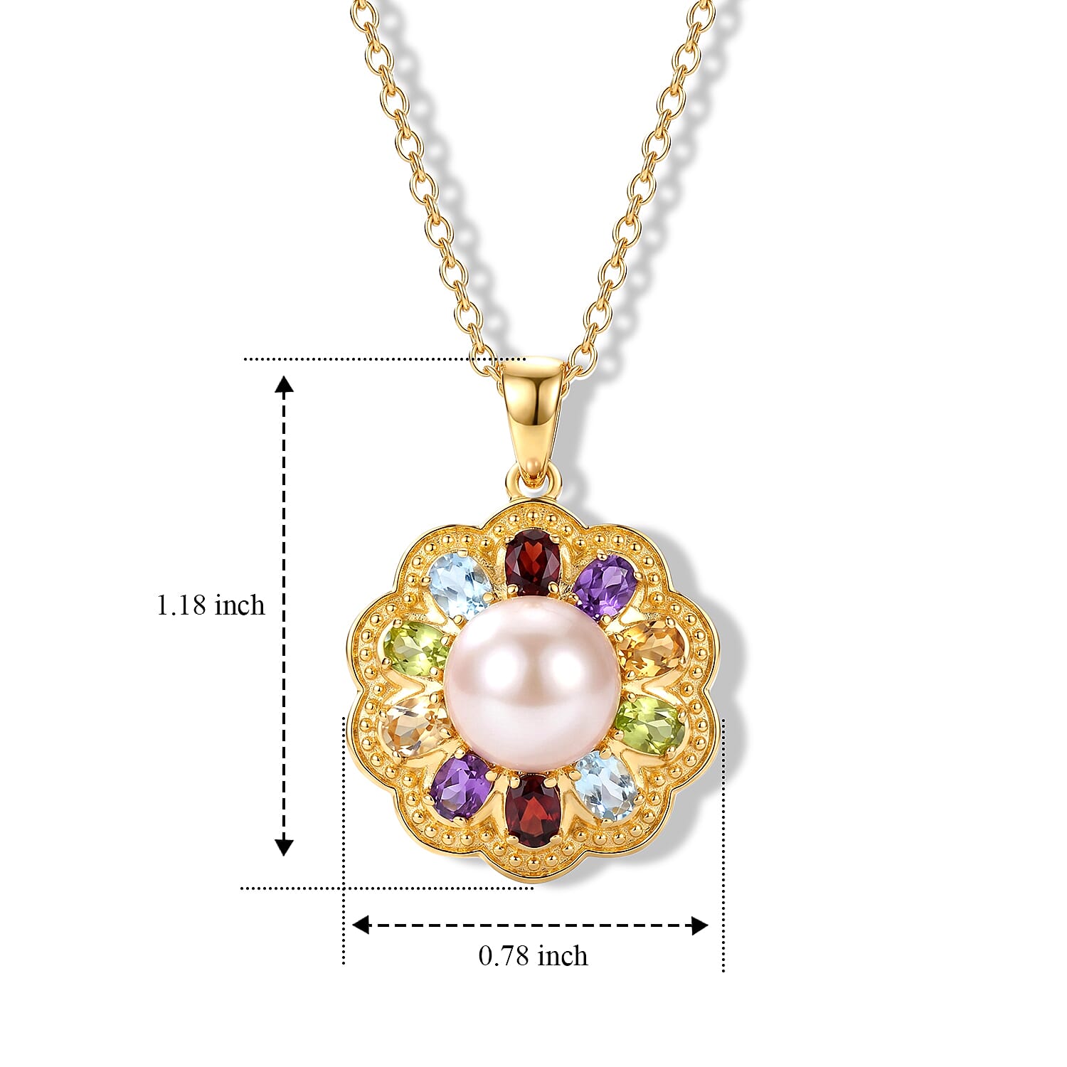 EverTrue Pink Freshwater Pearl and Multi Gemstone 1.85 ctw Lustre Bloom Pendant in Platinum Bond with ION Plated YG Stainless Steel (20 Inches)