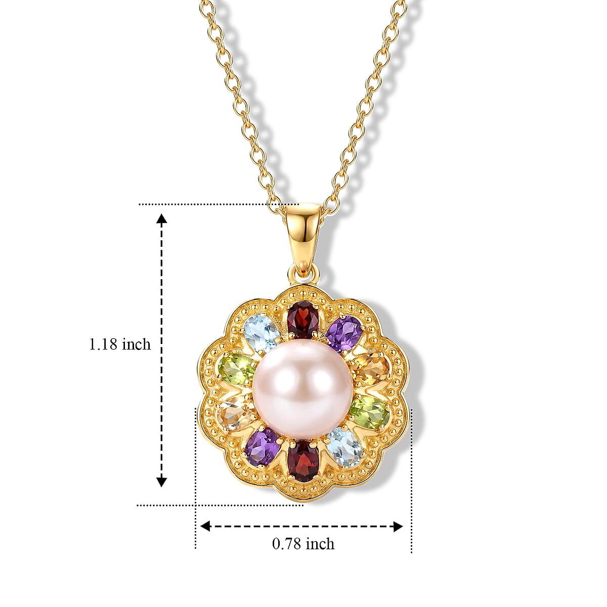 EverTrue Pink Freshwater Pearl and Multi Gemstone 1.85 ctw Lustre Bloom Pendant in Platinum Bond with ION Plated YG Stainless Steel (20 Inches) image number 5