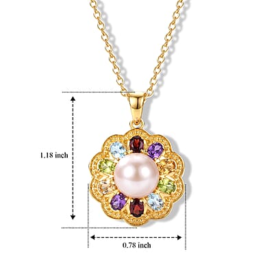 EverTrue Pink Freshwater Pearl and Multi Gemstone 1.85 ctw Lustre Bloom Pendant in Platinum Bond with ION Plated YG Stainless Steel (20 Inches)