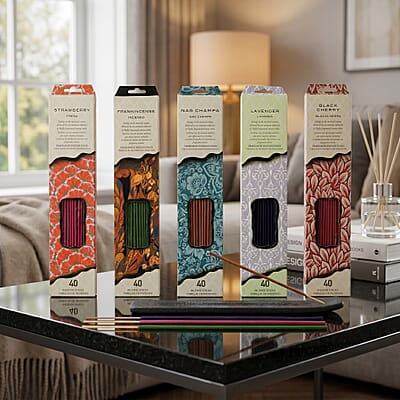 Ankur Treasure Chest 5 Sets of 40 Pack Black Cherry, Strawberry, Frankincense, Nag Champa, Lavender Incense Sticks - Long Lasting Fragrance for Relaxation, Meditation, Yoga, Aromatherapy.