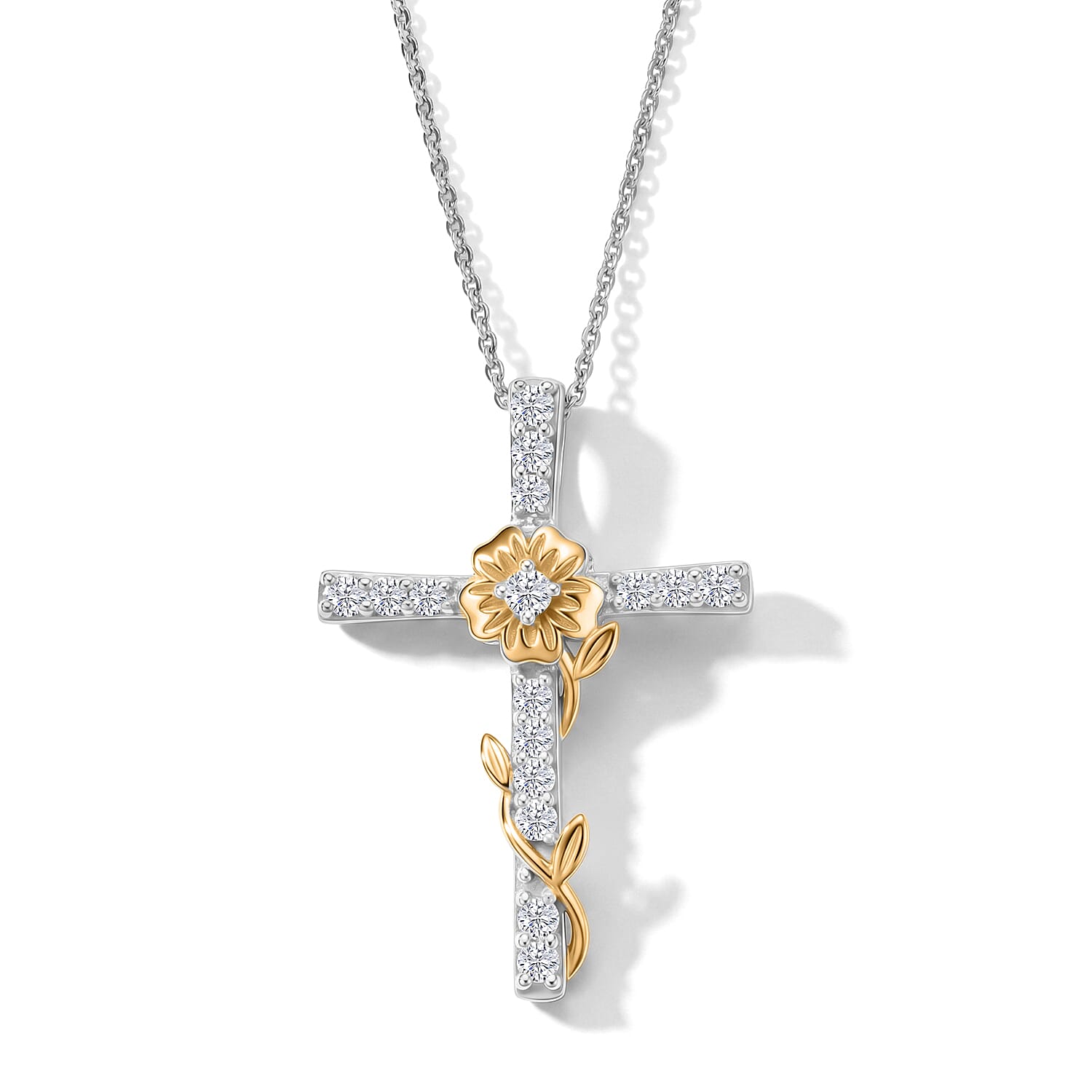 Luxuriant Lab Grown Diamond G-H SI 0.50 ctw Flower Cross Pendant Necklace (20 Inches) in 18K Vermeil YG and Rhodium Over Sterling Silver