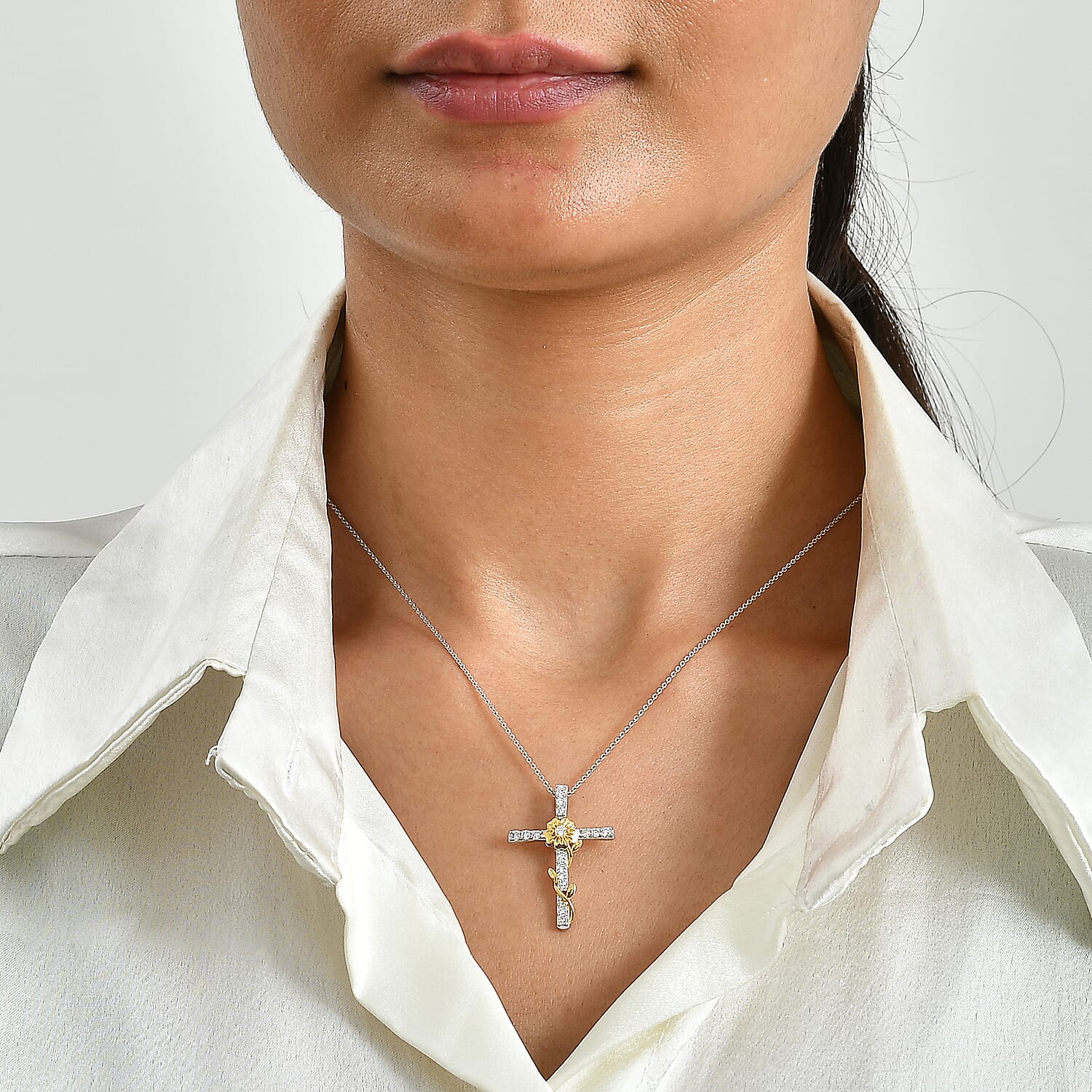 Luxuriant Lab Grown Diamond G-H SI 0.50 ctw Flower Cross Pendant Necklace (20 Inches) in 18K Vermeil YG and Rhodium Over Sterling Silver