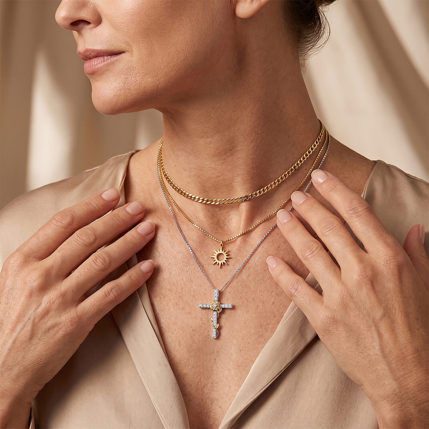 Luxuriant Lab Grown Diamond G-H SI 0.50 ctw Flower Cross Pendant Necklace (20 Inches) in 18K Vermeil YG and Rhodium Over Sterling Silver
