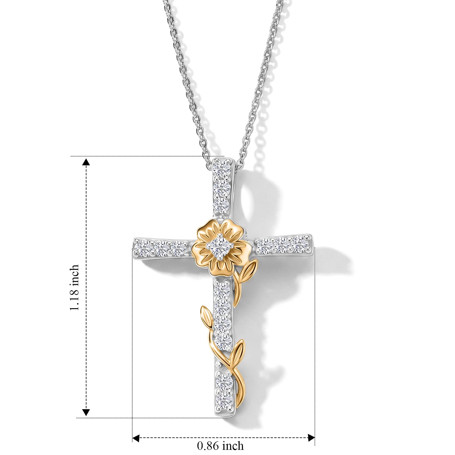 Luxuriant Lab Grown Diamond G-H SI 0.50 ctw Flower Cross Pendant Necklace (20 Inches) in 18K Vermeil YG and Rhodium Over Sterling Silver