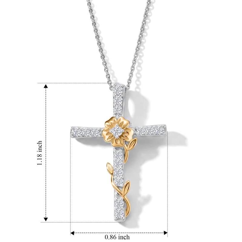 Luxuriant Lab Grown Diamond G-H SI 0.50 ctw Flower Cross Pendant Necklace (20 Inches) in 18K Vermeil YG and Rhodium Over Sterling Silver