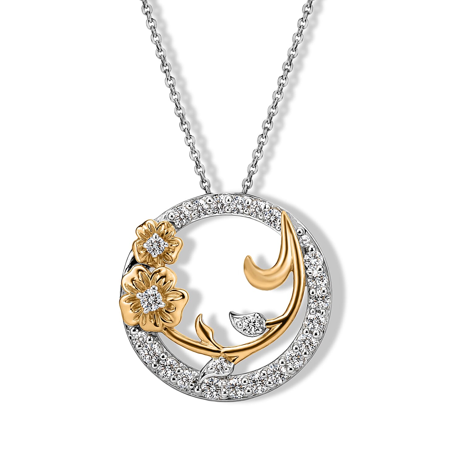 Luxuriant Lab Grown Diamond G-H SI 1.00 ctw Flower Circle Pendant Necklace (20 Inches) in 18K Vermeil YG and Rhodium Over Sterling Silver