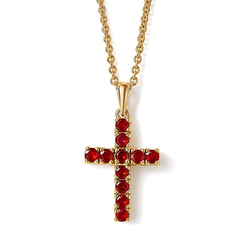 D'Joy Mexican Cherry Fire Opal 0.50 ctw Cross Pendant in 18K Vermeil Yellow Gold Over Sterling Silver with ION Plated Yellow Gold Stainless Steel Necklace (20 Inches)