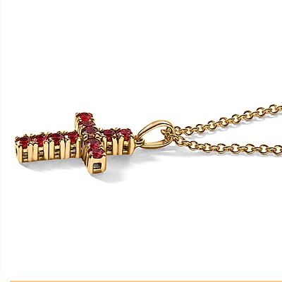 D'Joy Mexican Cherry Fire Opal 0.50 ctw Cross Pendant in 18K Vermeil Yellow Gold Over Sterling Silver with ION Plated Yellow Gold Stainless Steel Necklace (20 Inches)