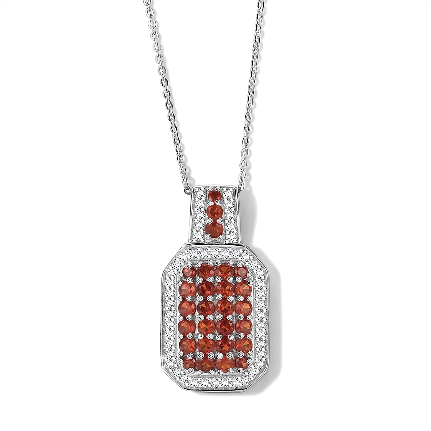 D'Joy Mexican Cherry Fire Opal and White Zircon 1.50 ctw Royal Sunset Pendant Necklace (20 Inches) in Rhodium Over Sterling Silver
