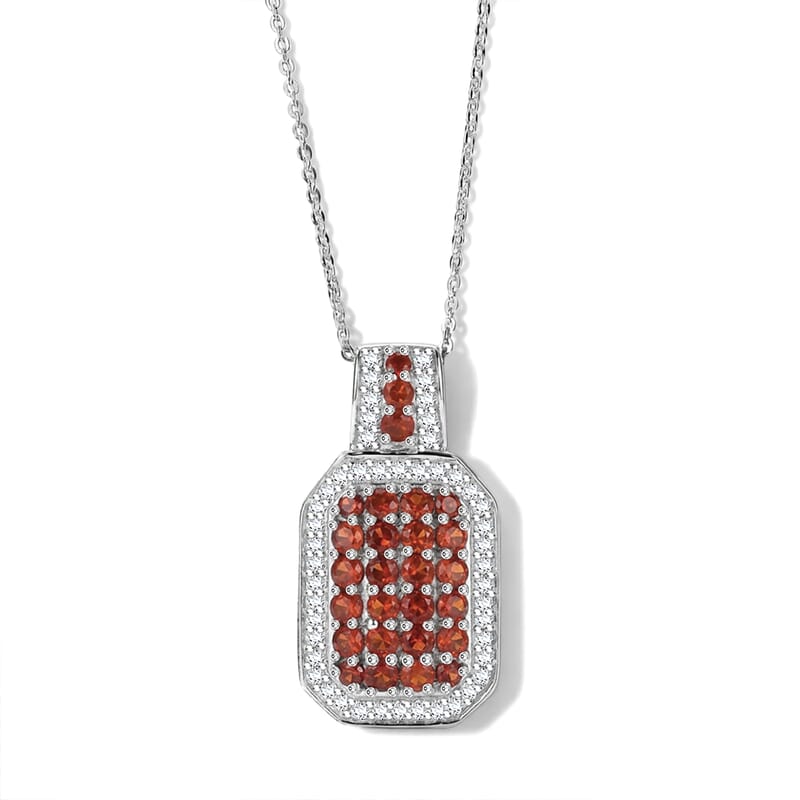 D'Joy Mexican Cherry Fire Opal and White Zircon 1.50 ctw Royal Sunset Pendant Necklace (20 Inches) in Rhodium Over Sterling Silver