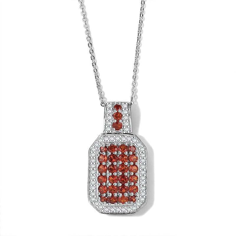 D'Joy Mexican Cherry Fire Opal and White Zircon 1.50 ctw Royal Sunset Pendant Necklace (20 Inches) in Rhodium Over Sterling Silver